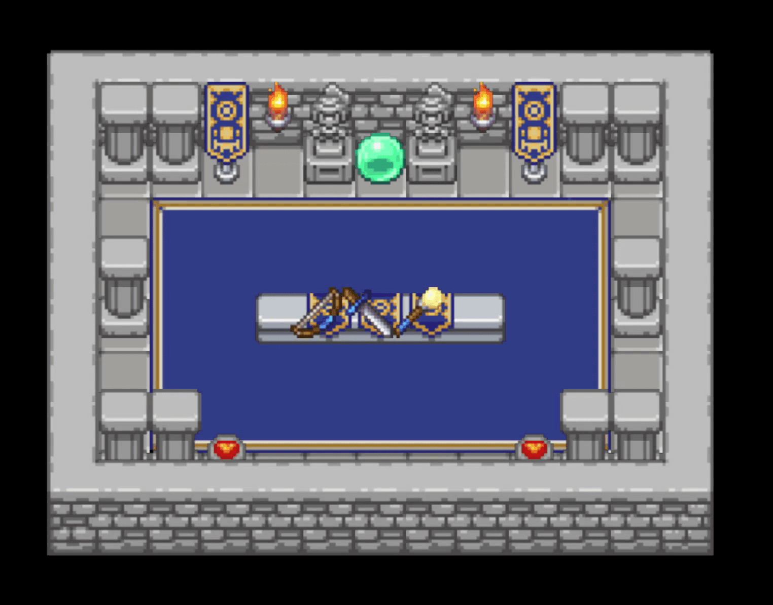 2D topdown pixelart armory with a starter bow, sword and wand