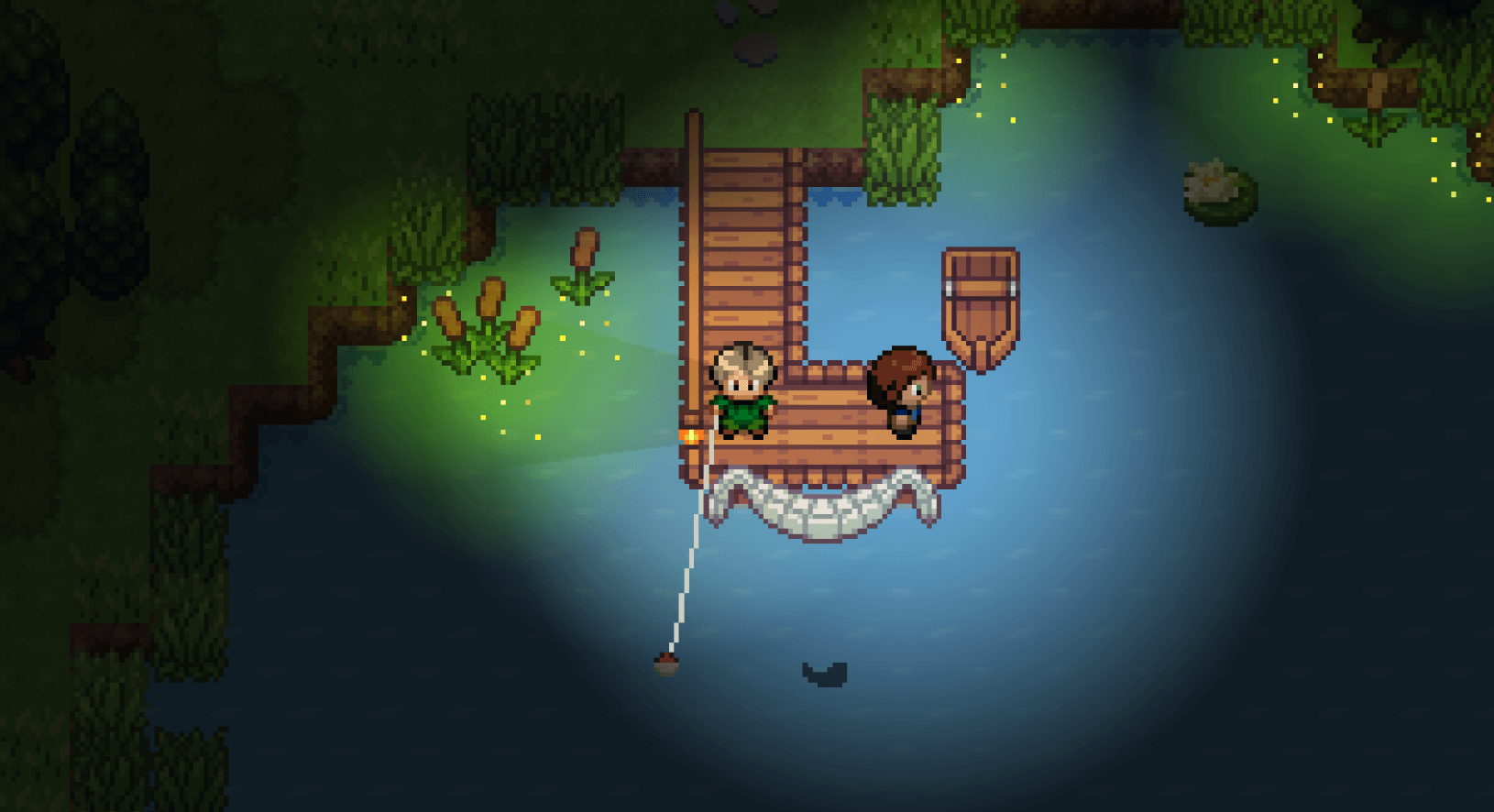 Two characters fishing from a dock in Eldria, with fireflies lighting the shore