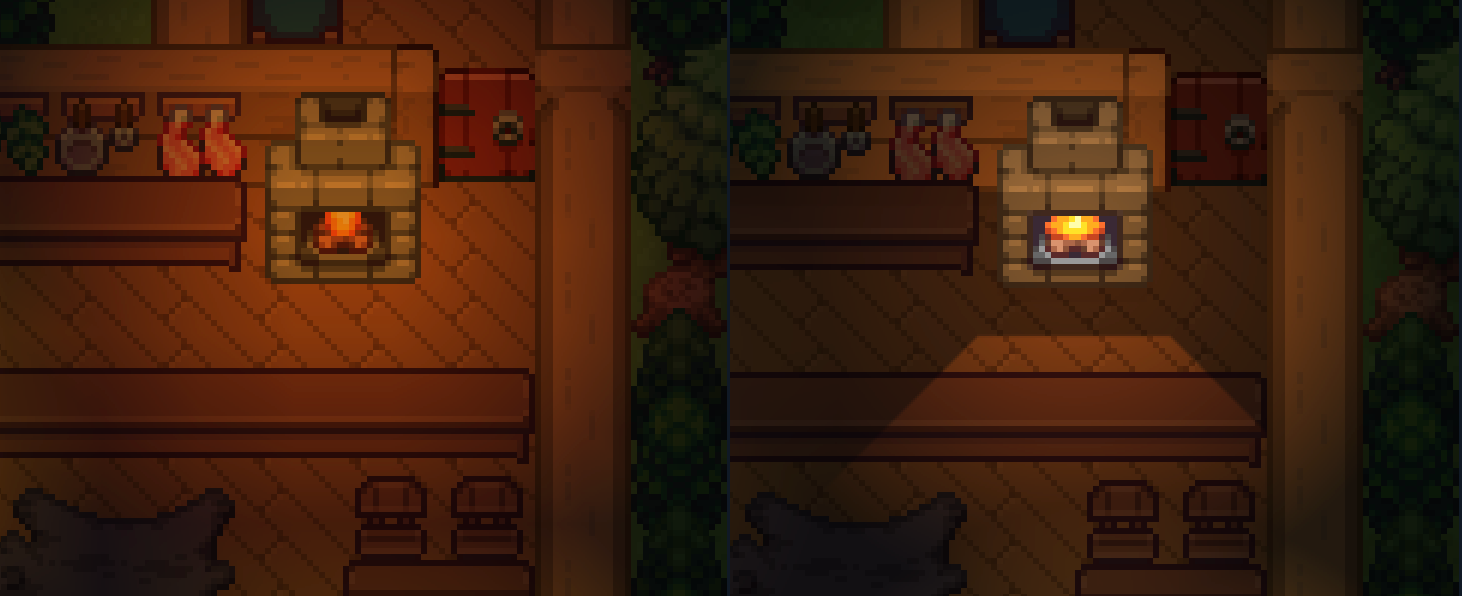 Before and after comparison of Eldria's lighting and shadows