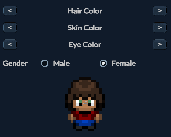 Character creation with hair, skin and eye colour controls and a female character preview