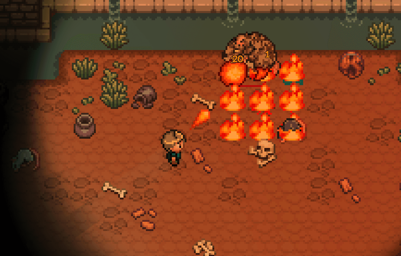 A character casting fire magic at a creature surrounded by flames in Eldria