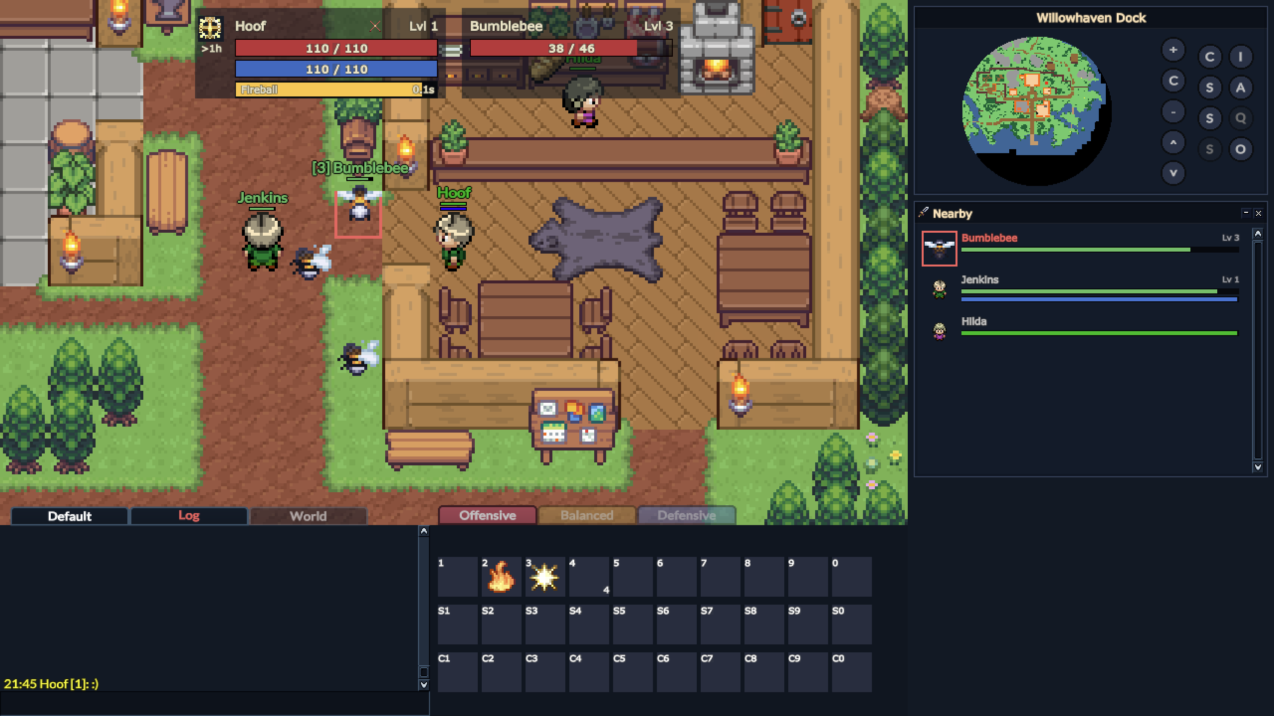 Gameplay screenshot showing Eldria's redesigned UI with nearby list, action bar, and combat stances