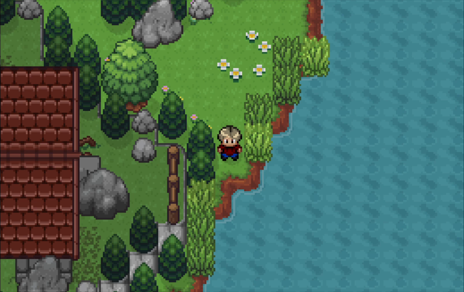 A character casting a fishing line from the shore, with a fish bubble appearing when a fish bites