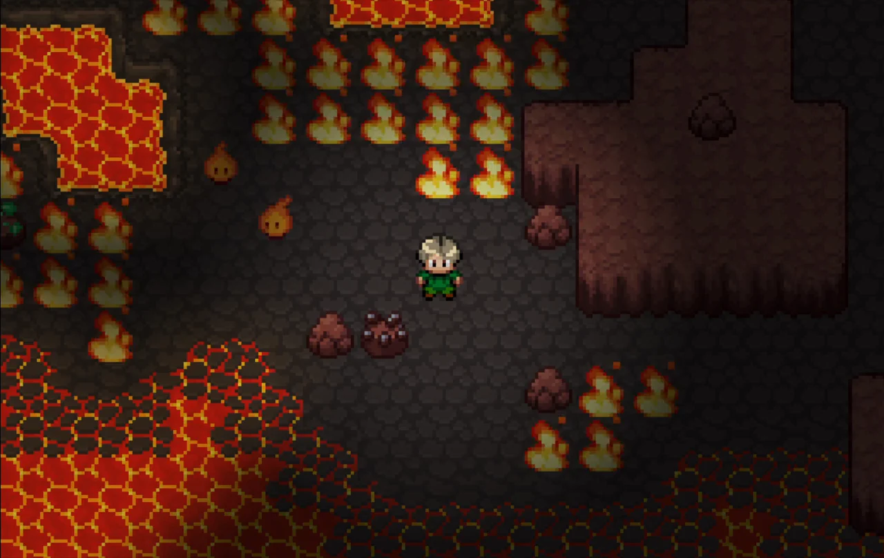 Um personagem explorando uma caverna cercada por lava e chamas em Eldria